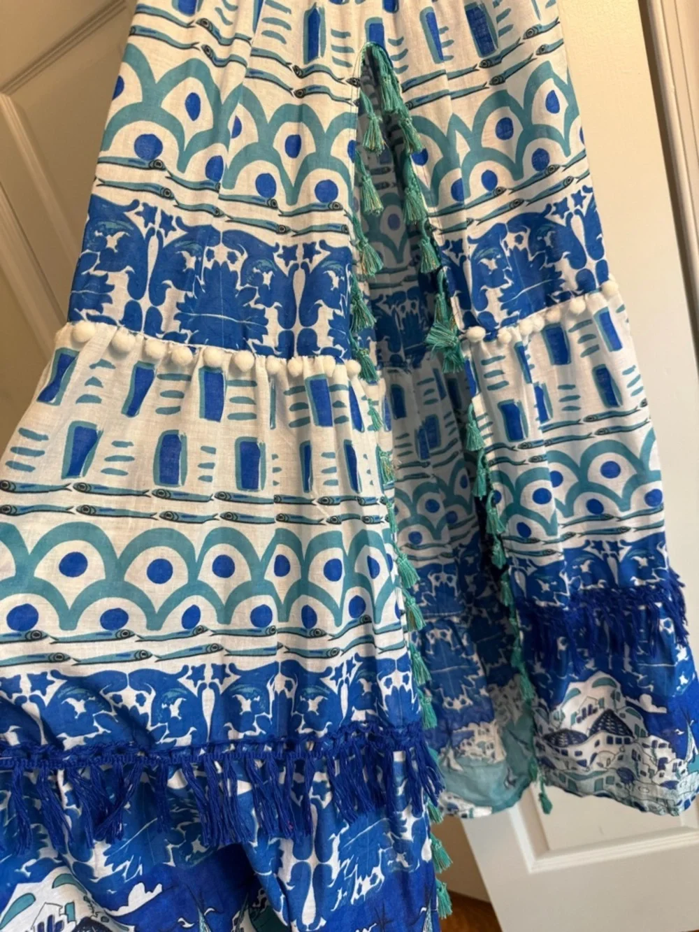 Antica Sartoria Positano Italy 2pc Top Skirt Set Blue Tassel Pom Pom OS
